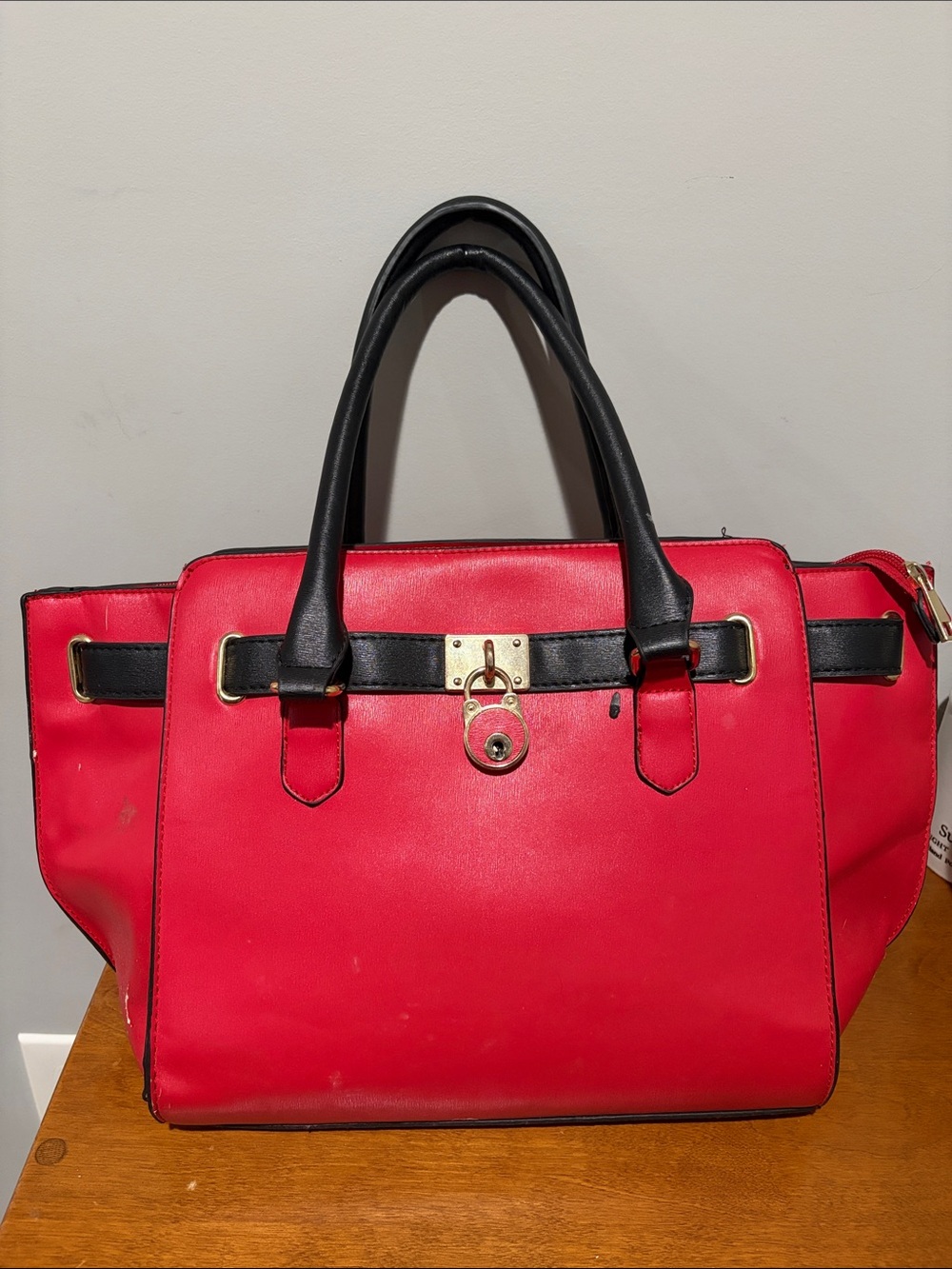 Red Structured Satchel Handbag with Black Handles